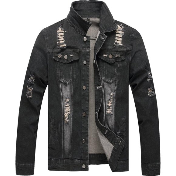 Other - Men's Jean Jacket Distressed Slim Denim Jacket Long Sleeve Button Down Black7013